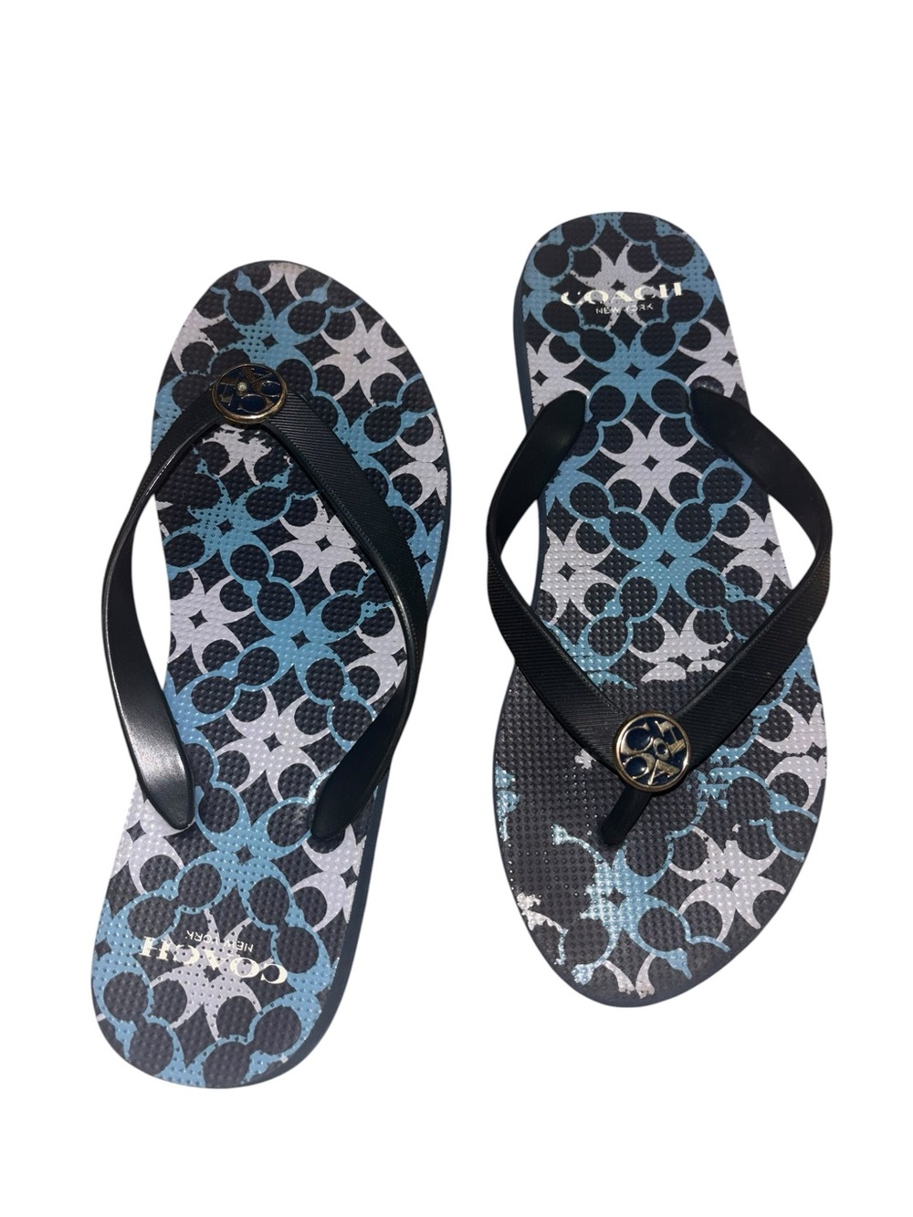 Coach Black Strap Flip Sandals with Blue Patterned Footbed